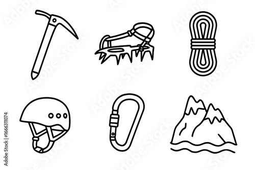 Mountaineering gear icon set. Alpinism equipment vector collection. Ice axe, crampons, rope, helmet, carabiner, mountain peak. Climbing and hiking adventure concept.