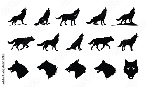 Collection of silhouettes featuring wolves in various poses including howling standing and head profiles