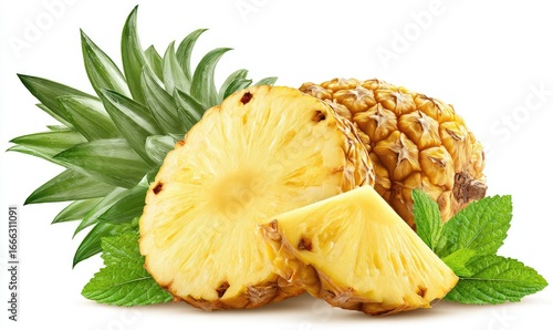 Fresh pineapple slices and leaves on white background
