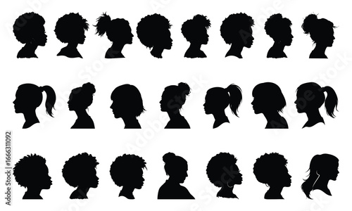 Collection of diverse female silhouettes showcasing various hairstyles and profiles in a clean graphic and artistic presentation