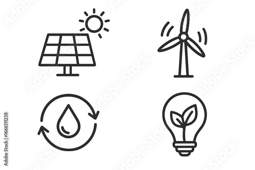 Renewable energy icons set of 4, solar panel, wind turbine, water recycling, eco-friendly energy bulb, sustainable power symbols, flat solid vector illustration