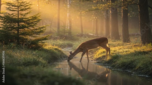 Serene deer drinking from a tranquil stream in a misty forest at dawn, surrounded by nature
