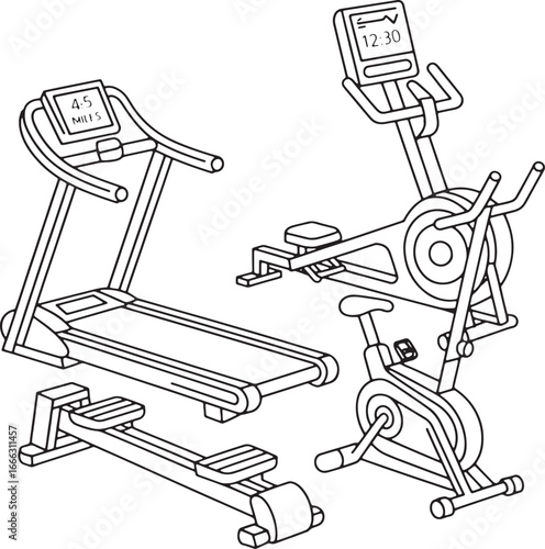 Line art illustration of various gym cardio machines including treadmills and bikes fitness exercise
