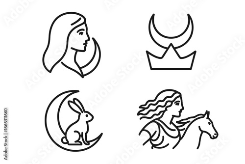 Mythical moon icon set. Outline symbols of lunar mythology. Collection includes goddess Selene, crescent crown, moon rabbit. Vector silhouette for spiritual, esoteric design.