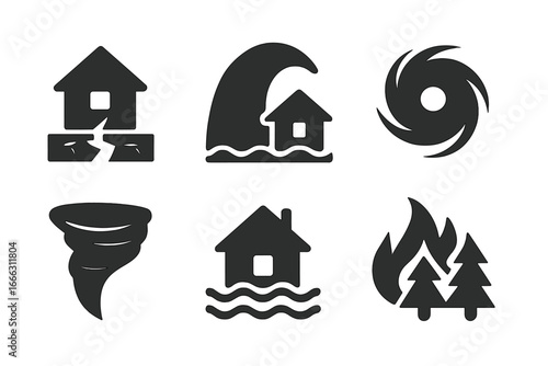 Natural disaster solid icon set. Catastrophe glyphs for earthquake, tsunami, hurricane, tornado, flood, wildfire. Emergency weather warning, climate change vector icons.