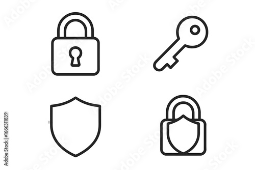 Security and Access Icon Set Outline Style. Vector Lock, Key, Shield, and Protection Symbols for Cybersecurity, Data Privacy, Safety, and Secure Access on Transparent Background