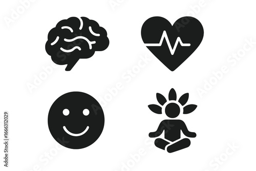 Mental health and wellness icon set. Psychology, brain, emotion. Heartbeat, cardiology. Mindfulness, meditation, yoga. Body and mind balance concept vector symbols.