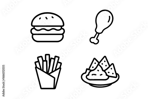Snack and appetizer icons set of 4, outline style, burger, chicken drumstick, french fries, nachos with dip, food and dining symbols, vector illustration on transparent background