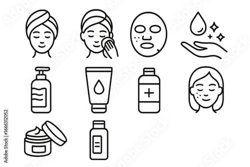 Skincare and Beauty Line Icon Set, Hygiene and Wellness Symbols Collection, Facial Care, Lotion, Cream, Serum, Mask Vector Cartoon Illustration, Transparent Background