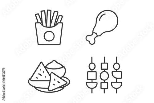 Snack and appetizer icons set of 4, outline style, French fries, chicken drumstick, nachos with dip, skewered bites, food and dining symbols, vector illustration, transparent background