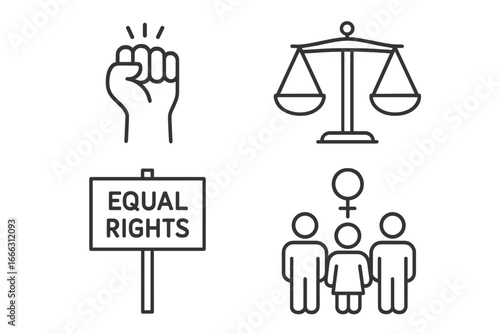 Social Justice and Equality Outline Icons Set of 4 — Linear Flat Activism Symbols and Tools, Protest Fist, Equal Rights Sign, Justice Scale, Gender Equality Group Illustration Vector
