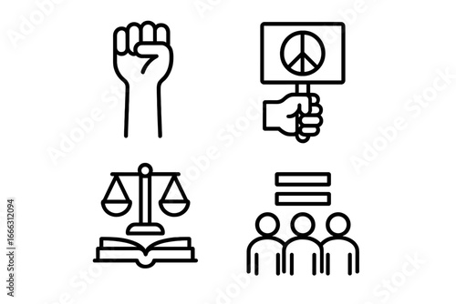 Social justice and equality outline icons set of 4, linear flat activism symbols and advocacy tools, human rights icons, protest fist, peace sign, law and order, equal rights group vector illustration
