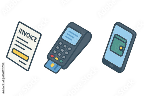 Isometric payment icons for finance and business. Vector set with invoice document, POS terminal for credit card transaction, and mobile wallet for online digital payment.