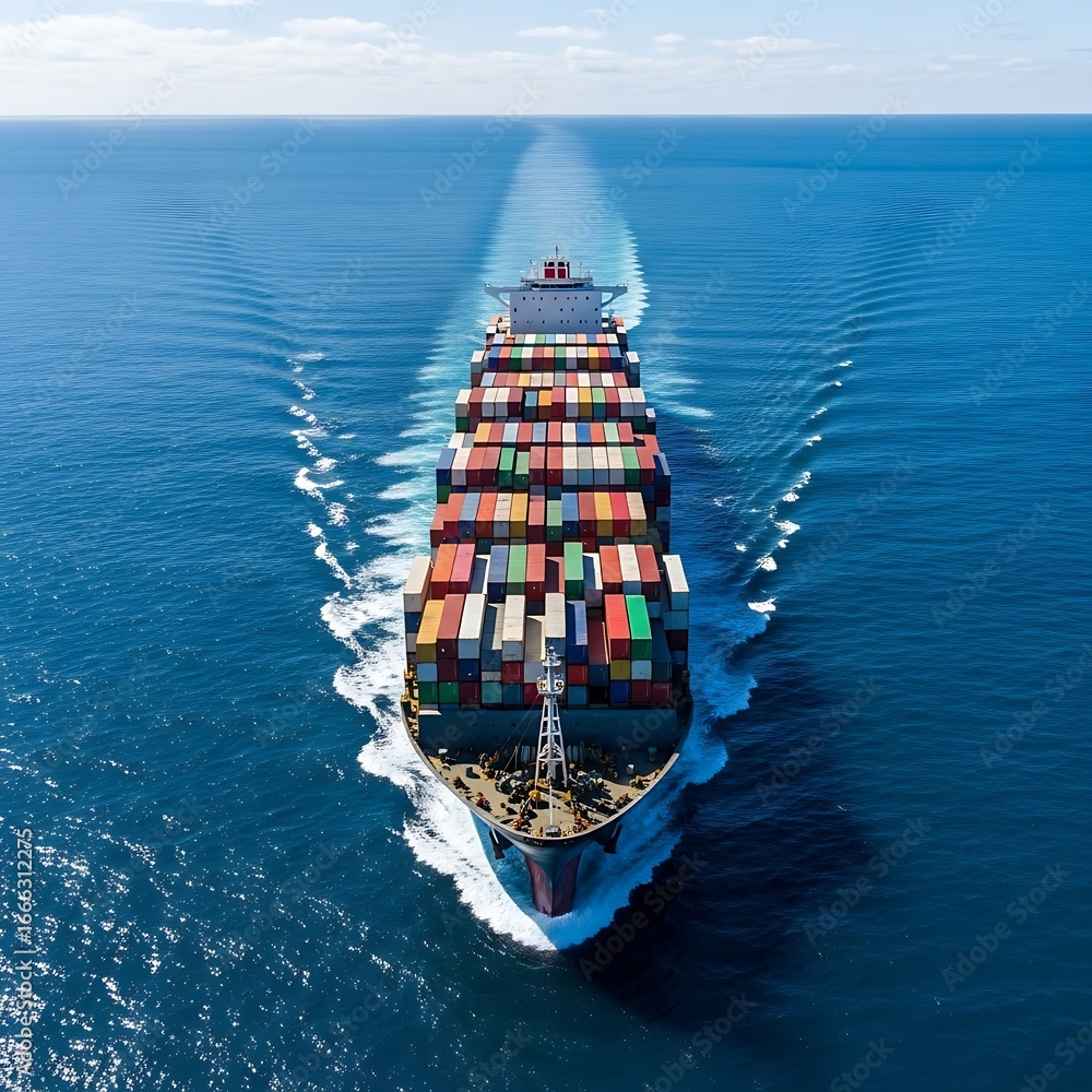 Fototapeta premium Global Trade Powerhouse: Container Ship Delivering Goods Worldwide for Business and International Commerce, Illustrating Supply Chain Efficiency and Global Logistics.