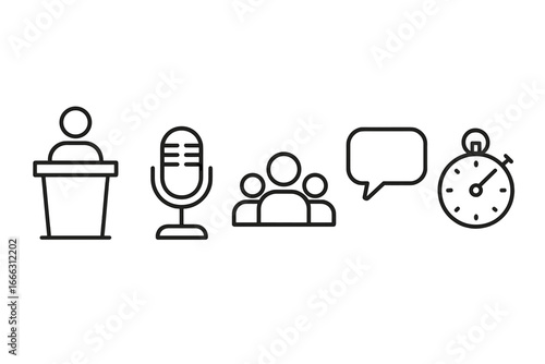 Outline public speaking icons set with podium, microphone, audience silhouette, speech bubble, and timer, vector illustration on transparent background for communication concepts