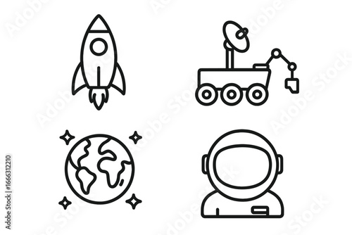 Space exploration line icons set with rocket, Mars rover, Earth globe, and astronaut helmet, outline linear vector illustrations for astronomy, mission graphics, and cosmic discovery