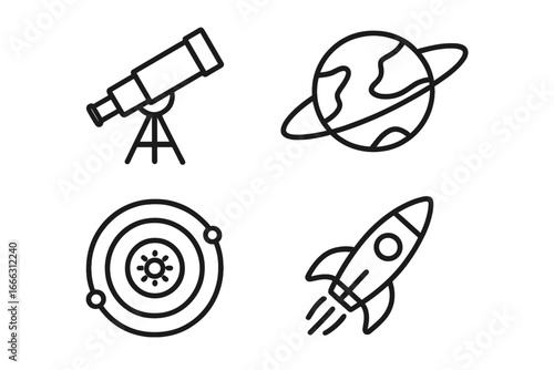 Space exploration outline icons set with telescope, planet with rings, solar system orbit, and rocket ship, astronomy and cosmic symbols collection vector illustration on transparent background