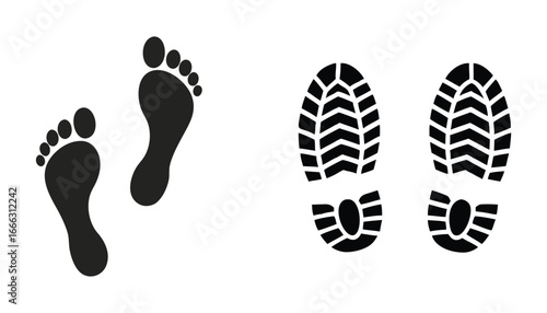Two sets of footprints one set of bare human feet and one set of heavy tread shoe prints on a white background