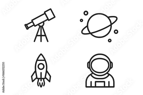 Space exploration outline icons set including telescope, planet with rings, rocket launching, and astronaut helmet, astronomy and cosmic symbols vector illustration on transparent background