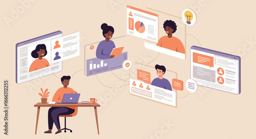 Diverse team collaborating remotely on a project, showcasing virtual communication and digital workspaces.