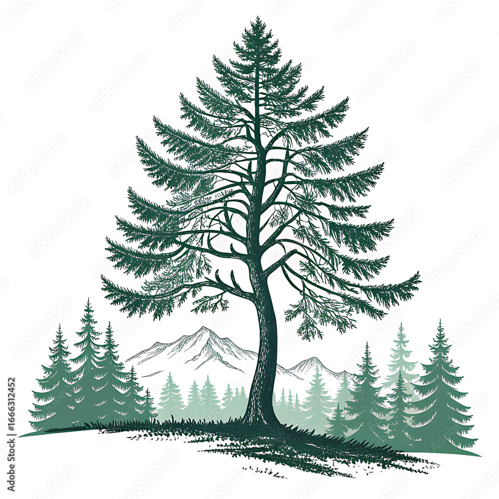 Fototapeta premium Detailed illustration of a large evergreen tree with mountains and smaller trees in the background