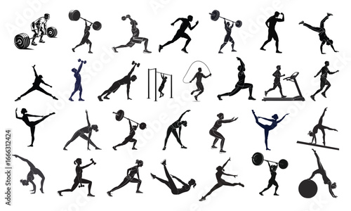 Diverse collection of athletic silhouettes showcasing various sports and fitness activities including weightlifting gymnastics and cardio exercises