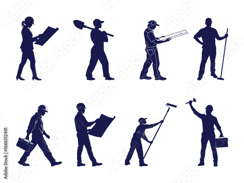 Collection of silhouettes of construction workers and professionals engaged in various tasks on a white background