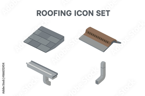 Isometric Roofing Icon Set with Asphalt Shingle Roof, Ridge Vent, Gutter, and Downspout Vector Illustration for Construction and Home Maintenance