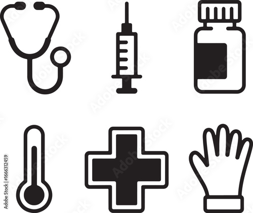 Six Black Medical Icons Including Stethoscope And Syringe medicine bottle thermometer