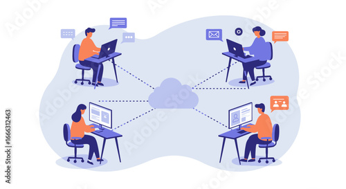 A team of professionals working remotely and collaborating online through a cloud network illustration.