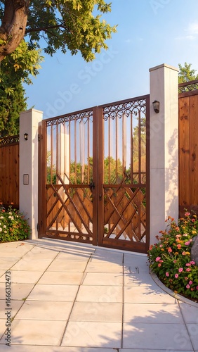 Ornate wooden gates with decorative wrought iron accents open onto a paved pathway in a well-maintained garden setting.
