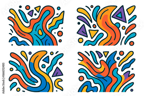 Vibrant abstract doodle pattern set. Dynamic shapes and colorful geometric elements. Retro 80s 90s style cartoon background. Creative fluid design vector illustration pack.