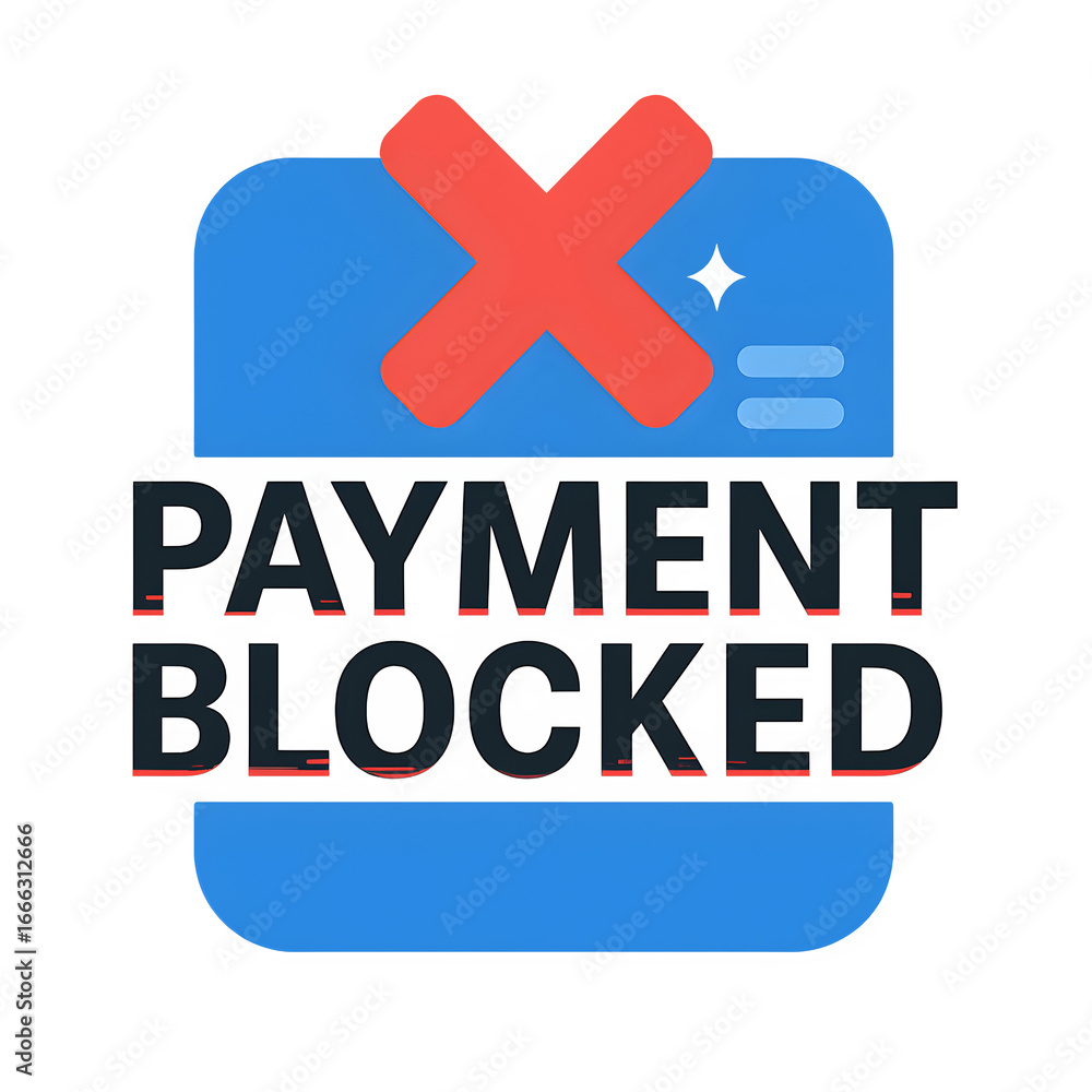 Obraz premium Flat design blue square icon with red X and text Payment Blocked, symbolizing online transaction failure, financial error, declined card, and digital banking issues. 