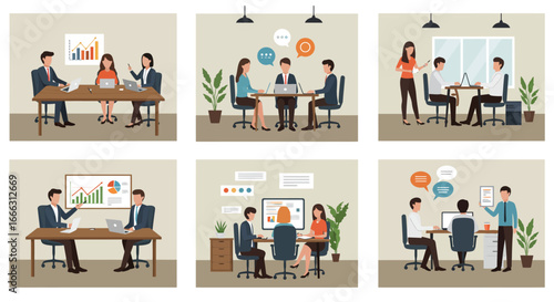 Six illustrations depicting various business meetings and collaborative work environments.