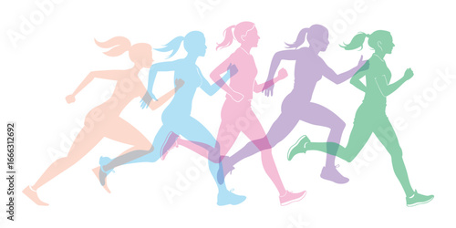 Diverse group of women runners in motion with colorful pastel silhouettes on a clean white background representing fitness and health