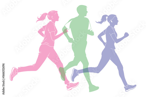 Three diverse runners in motion with colorful translucent silhouettes representing fitness and healthy lifestyle choices