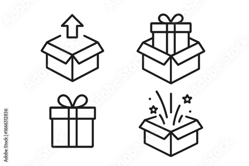 Unboxing experience icon set, 4 outline linear vector symbols, gift box, surprise box, package opening, celebration, present unpacking, minimalist design vector illustration