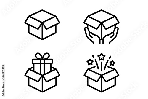 Unboxing Experience Icon Set of 4, Outline Linear Style, Gift and Surprise Symbols, Open Box, Hands Holding Box, Present Inside, Celebration Stars Vector Illustration