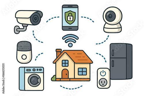 Smart home devices with security cameras, appliances, and remote control connectivity for convenience and protection, vector cartoon illustration with transparent background set