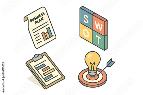 Startup Planning Icons Isometric Flat Vector Set Including Business Plan Document, SWOT Analysis Chart, Gantt Chart, and Targeted Idea Lightbulb Illustration