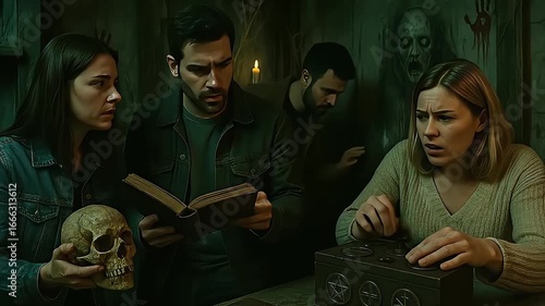 Group solving mysterious puzzle in dark, eerie escape room with skull, ancient book, and ghostly figures