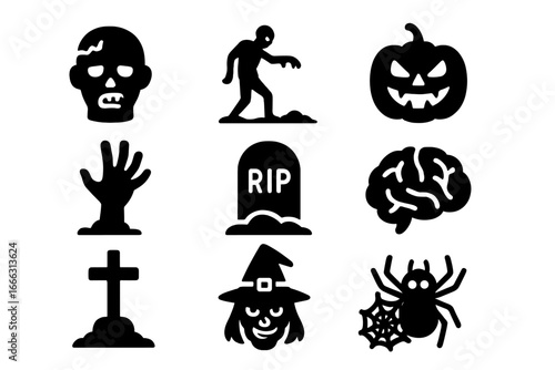 Spooky Halloween and Zombie Horror Solid Icon Set, Creepy Scary Symbols for Haunted Designs, Vector Cartoon Illustration with Transparent Background, Ordered Set 3