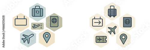 Travel essentials icons for planning a journey or vacation