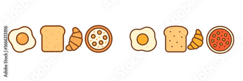 Breakfast food collection featuring eggs, bread, and pastries