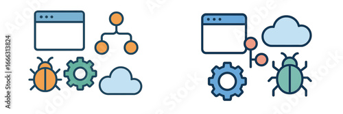 Vector illustration of web development, bugs, and clouds