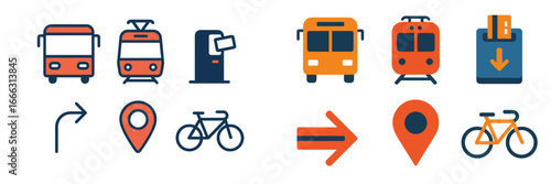 Transportation icons set featuring buses, trams, bikes, and more