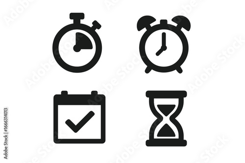 Time management icons set, solid filled stopwatch, alarm clock, calendar reminder with checkmark, hourglass timer, productivity symbols, vector illustration