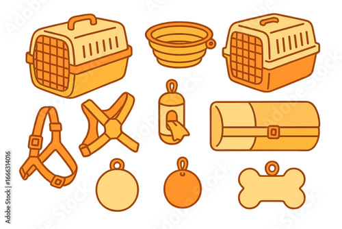 Pet care essentials including carriers and accessories in vector style