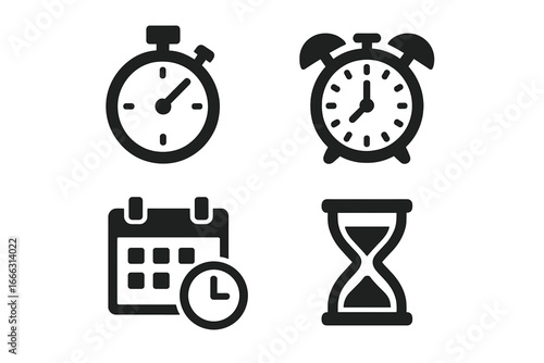 Time management icons set. Solid filled vector illustration of stopwatch, alarm clock, calendar reminder, hourglass symbols for productivity and scheduling concepts.