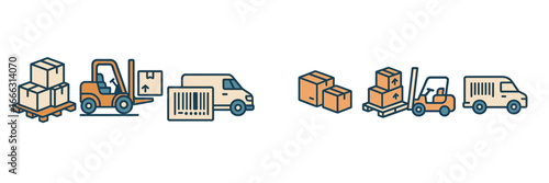 Forklifts transport boxes while delivery vans await in a warehouse